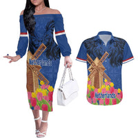 Netherlands Lion Couples Matching Off The Shoulder Long Sleeve Dress and Hawaiian Shirt Tulip And Windmill