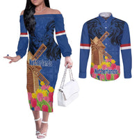 Netherlands Lion Couples Matching Off The Shoulder Long Sleeve Dress and Long Sleeve Button Shirt Tulip And Windmill