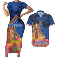 Netherlands Lion Couples Matching Short Sleeve Bodycon Dress and Hawaiian Shirt Tulip And Windmill