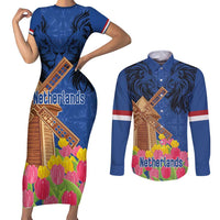 Netherlands Lion Couples Matching Short Sleeve Bodycon Dress and Long Sleeve Button Shirt Tulip And Windmill