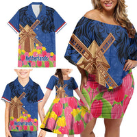 Netherlands Lion Family Matching Off Shoulder Short Dress and Hawaiian Shirt Tulip And Windmill