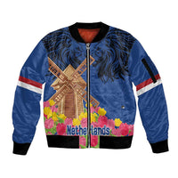 Netherlands Lion Sleeve Zip Bomber Jacket Tulip And Windmill