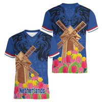 Netherlands Lion Women V-Neck T-Shirt Tulip And Windmill