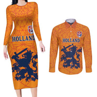 Custom Netherlands Football Couples Matching Long Sleeve Bodycon Dress and Long Sleeve Button Shirt Holland Lion