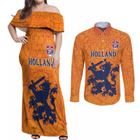 Custom Netherlands Football Couples Matching Off Shoulder Maxi Dress and Long Sleeve Button Shirt Holland Lion