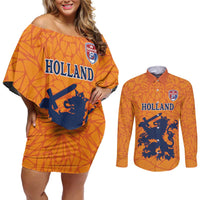 Custom Netherlands Football Couples Matching Off Shoulder Short Dress and Long Sleeve Button Shirt Holland Lion