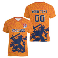 Custom Netherlands Football Women V-Neck T-Shirt Holland Lion
