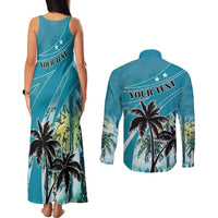 Personalized Saint Kitts and Nevis Coconut Palm Tree Couples Matching Tank Maxi Dress and Long Sleeve Button Shirt - Wonder Print Shop
