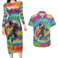 Custom Lithuania Basketball Skeleton 1992 Couples Matching Long Sleeve Bodycon Dress and Hawaiian Shirt Tie Dye Pattern - Wonder Print Shop