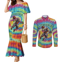 Custom Lithuania Basketball Skeleton 1992 Couples Matching Mermaid Dress and Long Sleeve Button Shirt Tie Dye Pattern - Wonder Print Shop
