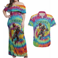Custom Lithuania Basketball Skeleton 1992 Couples Matching Off Shoulder Maxi Dress and Hawaiian Shirt Tie Dye Pattern - Wonder Print Shop