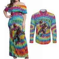 Custom Lithuania Basketball Skeleton 1992 Couples Matching Off Shoulder Maxi Dress and Long Sleeve Button Shirt Tie Dye Pattern - Wonder Print Shop
