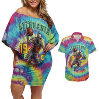 Custom Lithuania Basketball Skeleton 1992 Couples Matching Off Shoulder Short Dress and Hawaiian Shirt Tie Dye Pattern - Wonder Print Shop