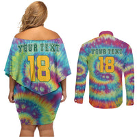 Custom Lithuania Basketball Skeleton 1992 Couples Matching Off Shoulder Short Dress and Long Sleeve Button Shirt Tie Dye Pattern - Wonder Print Shop