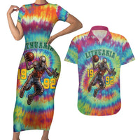 Custom Lithuania Basketball Skeleton 1992 Couples Matching Short Sleeve Bodycon Dress and Hawaiian Shirt Tie Dye Pattern - Wonder Print Shop