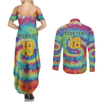 Custom Lithuania Basketball Skeleton 1992 Couples Matching Summer Maxi Dress and Long Sleeve Button Shirt Tie Dye Pattern - Wonder Print Shop
