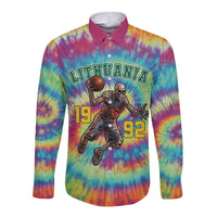 Custom Lithuania Basketball Skeleton 1992 Long Sleeve Button Shirt Tie Dye Pattern - Wonder Print Shop