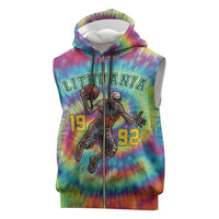 Custom Lithuania Basketball Skeleton 1992 Sleeveless Zip Hoodie Tie Dye Pattern - Wonder Print Shop