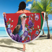 Personalized Kenya Lilac Breasted Roller Beach Blanket With Violet Flowers - Wonder Print Shop