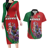 Personalized Kenya Lilac Breasted Roller Couples Matching Long Sleeve Bodycon Dress and Hawaiian Shirt With Violet Flowers - Wonder Print Shop