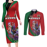 Personalized Kenya Lilac Breasted Roller Couples Matching Long Sleeve Bodycon Dress and Long Sleeve Button Shirt With Violet Flowers - Wonder Print Shop