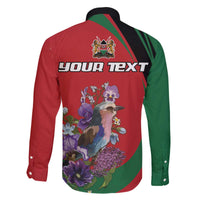 Personalized Kenya Lilac Breasted Roller Family Matching Off The Shoulder Long Sleeve Dress and Hawaiian Shirt With Violet Flowers - Wonder Print Shop