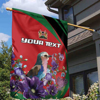 Personalized Kenya Lilac Breasted Roller Garden Flag With Violet Flowers - Wonder Print Shop