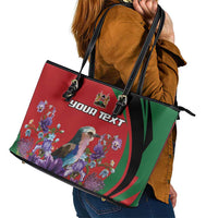 Personalized Kenya Lilac Breasted Roller Leather Tote Bag With Violet Flowers - Wonder Print Shop
