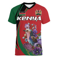 Personalized Kenya Lilac Breasted Roller Women V-Neck T-Shirt With Violet Flowers - Wonder Print Shop