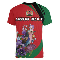 Personalized Kenya Lilac Breasted Roller Women V-Neck T-Shirt With Violet Flowers - Wonder Print Shop