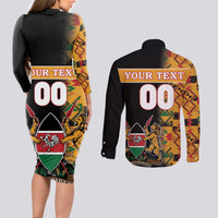 Custom Kenya Coat Of Arms Couples Matching Long Sleeve Bodycon Dress and Long Sleeve Button Shirt With Kente Patterns - Wonder Print Shop