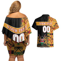 Custom Kenya Coat Of Arms Couples Matching Off Shoulder Short Dress and Hawaiian Shirt With Kente Patterns - Wonder Print Shop