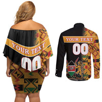 Custom Kenya Coat Of Arms Couples Matching Off Shoulder Short Dress and Long Sleeve Button Shirt With Kente Patterns - Wonder Print Shop