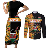Custom Kenya Coat Of Arms Couples Matching Short Sleeve Bodycon Dress and Long Sleeve Button Shirt With Kente Patterns - Wonder Print Shop
