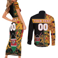 Custom Kenya Coat Of Arms Couples Matching Short Sleeve Bodycon Dress and Long Sleeve Button Shirt With Kente Patterns - Wonder Print Shop