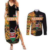 Custom Kenya Coat Of Arms Couples Matching Summer Maxi Dress and Long Sleeve Button Shirt With Kente Patterns - Wonder Print Shop