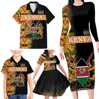 Custom Kenya Coat Of Arms Family Matching Long Sleeve Bodycon Dress and Hawaiian Shirt With Kente Patterns - Wonder Print Shop