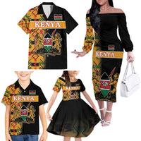 Custom Kenya Coat Of Arms Family Matching Off The Shoulder Long Sleeve Dress and Hawaiian Shirt With Kente Patterns - Wonder Print Shop