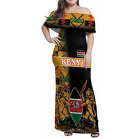 Custom Kenya Coat Of Arms Family Matching Off Shoulder Maxi Dress and Hawaiian Shirt With Kente Patterns - Wonder Print Shop