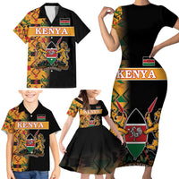 Custom Kenya Coat Of Arms Family Matching Short Sleeve Bodycon Dress and Hawaiian Shirt With Kente Patterns - Wonder Print Shop