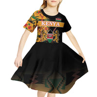 Custom Kenya Coat Of Arms Kid Short Sleeve Dress With Kente Patterns - Wonder Print Shop