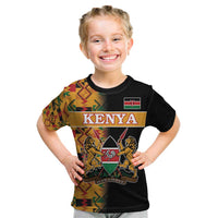 Custom Kenya Coat Of Arms Kid T Shirt With Kente Patterns - Wonder Print Shop