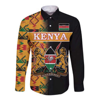 Custom Kenya Coat Of Arms Long Sleeve Button Shirt With Kente Patterns - Wonder Print Shop