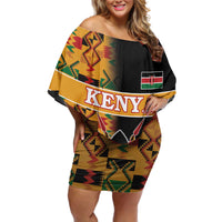 Custom Kenya Coat Of Arms Off Shoulder Short Dress With Kente Patterns - Wonder Print Shop