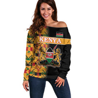 Custom Kenya Coat Of Arms Off Shoulder Sweater With Kente Patterns - Wonder Print Shop