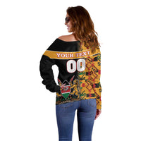 Custom Kenya Coat Of Arms Off Shoulder Sweater With Kente Patterns - Wonder Print Shop