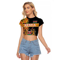 Custom Kenya Coat Of Arms Raglan Cropped T Shirt With Kente Patterns - Wonder Print Shop