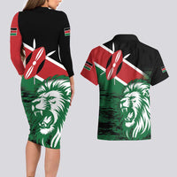 Kenya Lion Head Couples Matching Long Sleeve Bodycon Dress and Hawaiian Shirt Flag Style - Wonder Print Shop