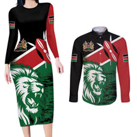 Kenya Lion Head Couples Matching Long Sleeve Bodycon Dress and Long Sleeve Button Shirt Flag Style - Wonder Print Shop