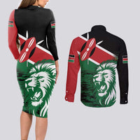 Kenya Lion Head Couples Matching Long Sleeve Bodycon Dress and Long Sleeve Button Shirt Flag Style - Wonder Print Shop